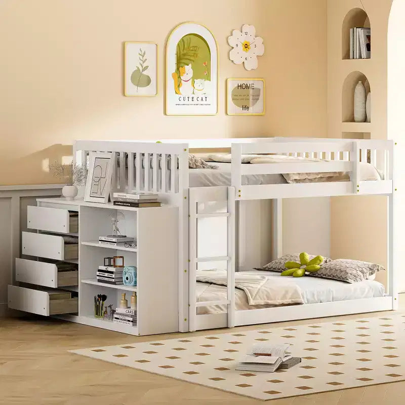JVNOXK lit superposé blanc de 234 cm avec matelas doubles sur les deux niveaux, comprenant 4 tiroirs et 3 étagères, cadre en pin massif avec MDF