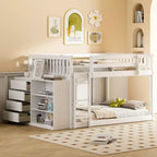 JVNOXK lit superposé blanc de 234 cm avec matelas doubles sur les deux niveaux, comprenant 4 tiroirs et 3 étagères, cadre en pin massif avec MDF