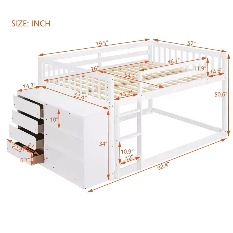 JVNOXK lit superposé blanc de 234 cm avec matelas doubles sur les deux niveaux, comprenant 4 tiroirs et 3 étagères, cadre en pin massif avec MDF