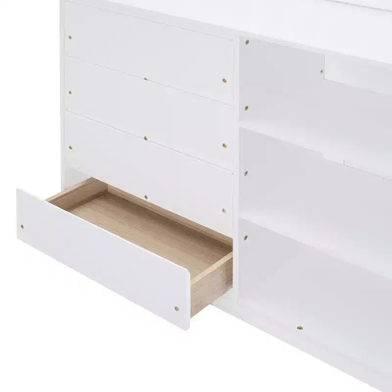 JVNOXK lit superposé blanc de 234 cm avec matelas doubles sur les deux niveaux, comprenant 4 tiroirs et 3 étagères, cadre en pin massif avec MDF