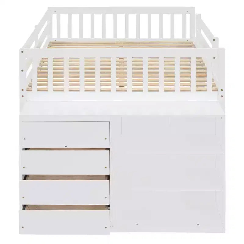 JVNOXK lit superposé blanc de 234 cm avec matelas doubles sur les deux niveaux, comprenant 4 tiroirs et 3 étagères, cadre en pin massif avec MDF