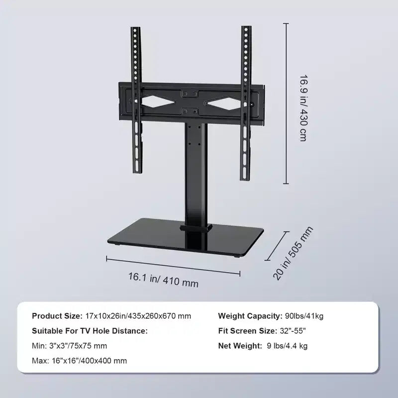 Support de téléviseur pivotant réglable en hauteur pour téléviseurs de 32 à 55 pouces avec base en verre trempé
