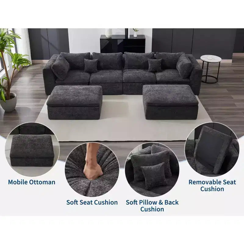 COZONY 140 Canapé modulable Cloud avec ottoman, mousse à mémoire de forme haute densité et tissu chenille, design en U avec double méridienne