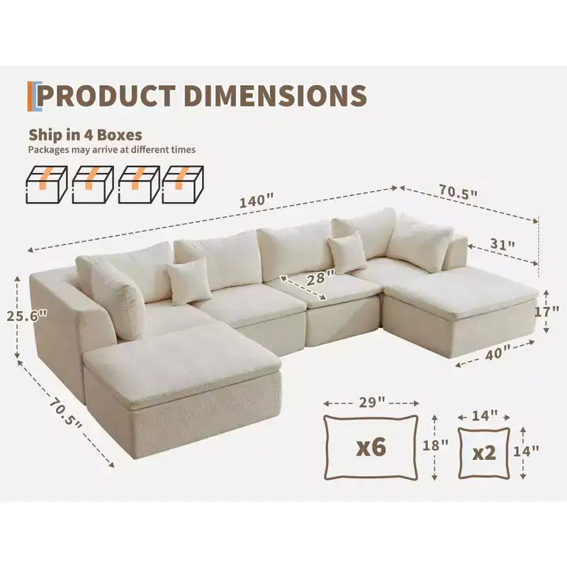 COZONY 140 Canapé modulable Cloud avec ottoman, mousse à mémoire de forme haute densité et tissu chenille, design en U avec double méridienne
