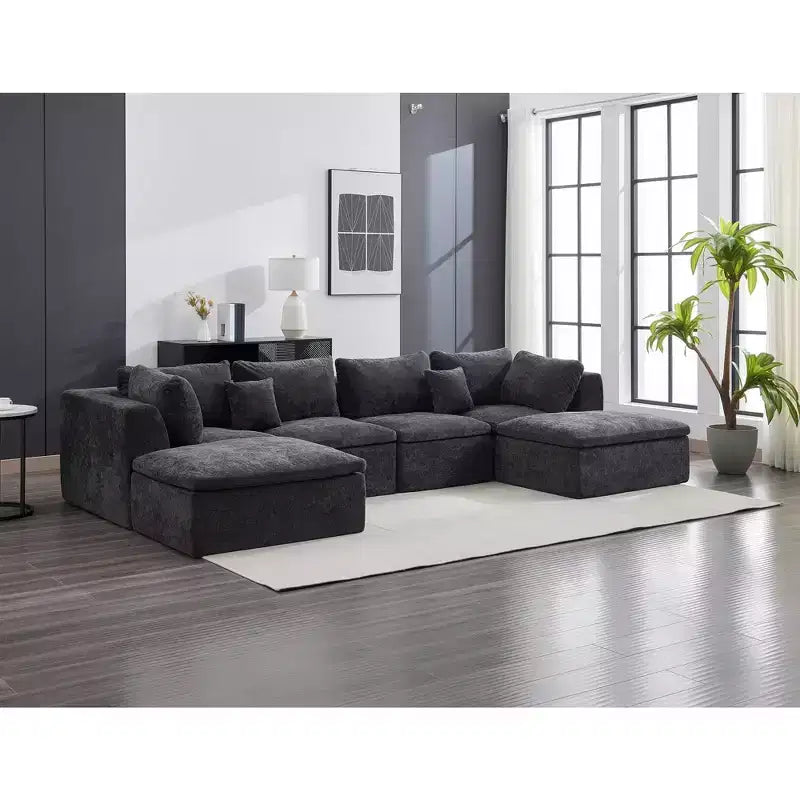COZONY 140 Canapé modulable Cloud avec ottoman, mousse à mémoire de forme haute densité et tissu chenille, design en U avec double méridienne