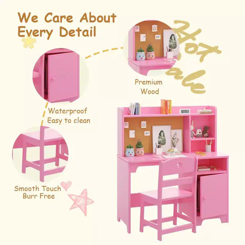 Ensemble bureau et chaise pour enfants, conception ergonomique en bois, comprend un organiseur d'étagère et un tableau en liège pour les enfants qui étudient, écrivent, dessinent