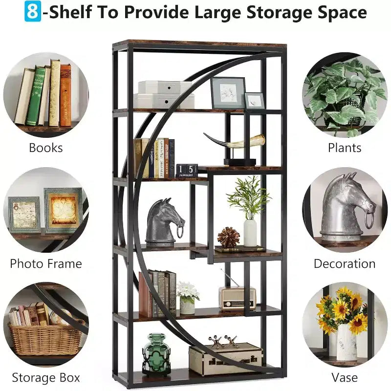 Lantine Étagère de bibliothèque industrielle à 5 niveaux de 180 cm avec 8 étagères de rangement ouvertes pour bureau à domicile, salon, marron rustique