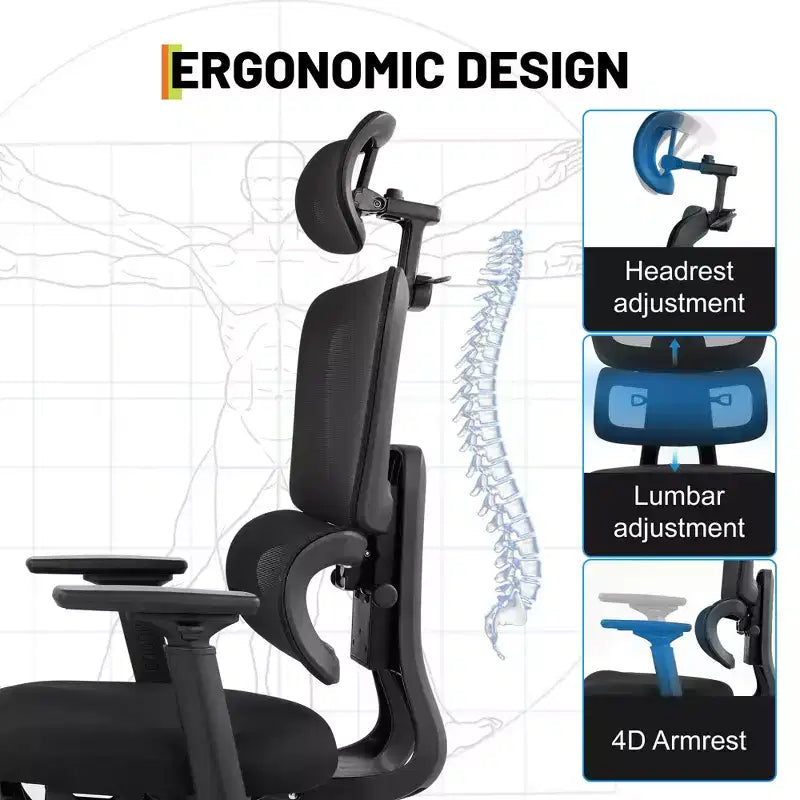 Chaise de jeu ergonomique en maille avec accoudoirs 4D relevables, appui-tête 3D, chaise de bureau avec support lombaire et repose-jambes réglables