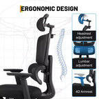 Chaise de jeu ergonomique en maille avec accoudoirs 4D relevables, appui-tête 3D, chaise de bureau avec support lombaire et repose-jambes réglables