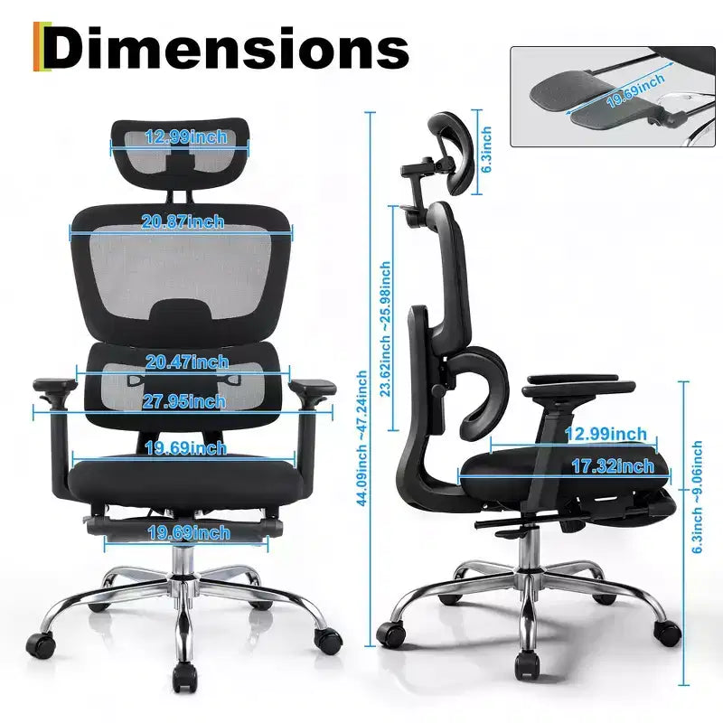 Chaise de jeu ergonomique en maille avec accoudoirs 4D relevables, appui-tête 3D, chaise de bureau avec support lombaire et repose-jambes réglables