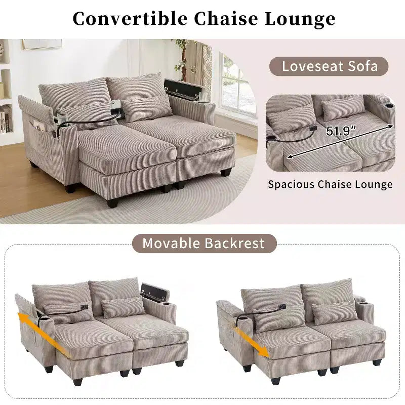 MAYEERTY Canapé convertible Chaise causeuse Canapé-lit en velours côtelé avec ports et deux porte-gobelets pour salon, Marron