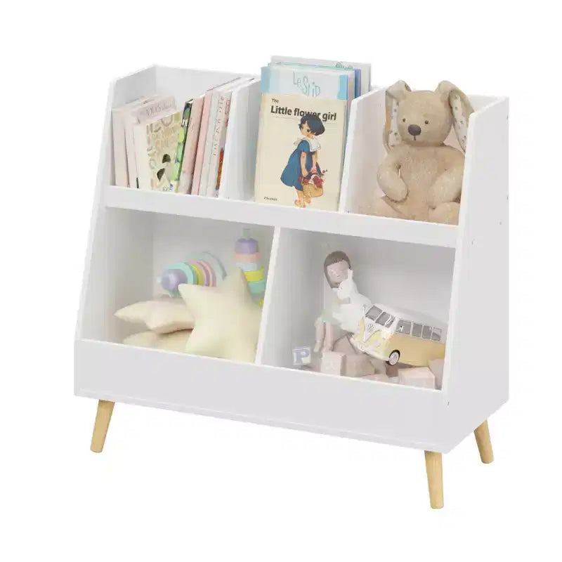 VIYET 28 Meuble de rangement pour enfants, bibliothèque à 5 casiers, organisateur de jouets, étagère de rangement à 2 niveaux en bois blanc avec pieds en pin (organisateur anti-basculement pour chambre d'enfant/salle de jeux)