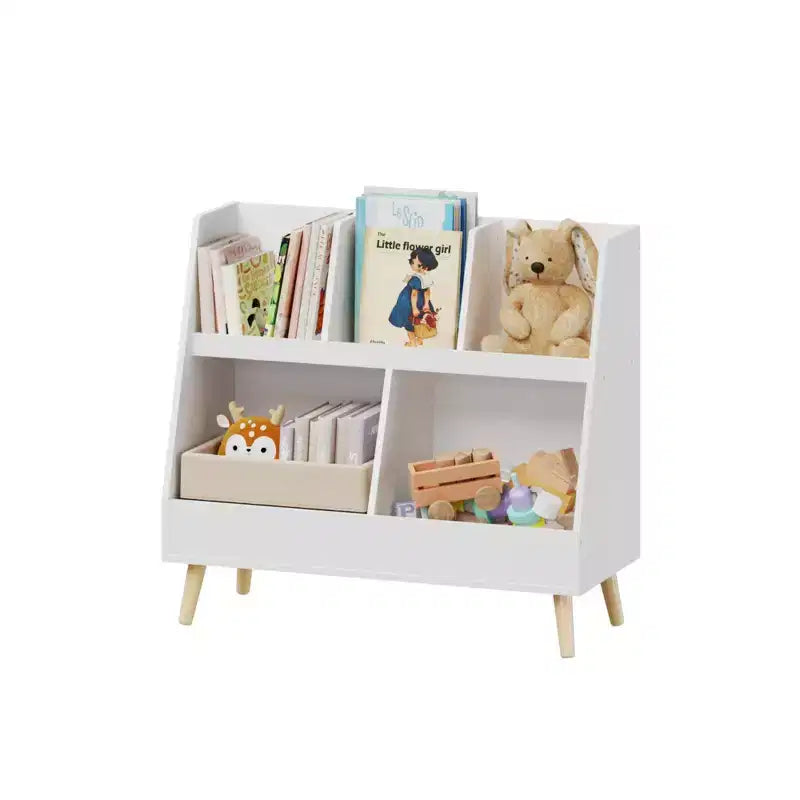 VIYET 28 Meuble de rangement pour enfants, bibliothèque à 5 casiers, organisateur de jouets, étagère de rangement à 2 niveaux en bois blanc avec pieds en pin (organisateur anti-basculement pour chambre d'enfant/salle de jeux)