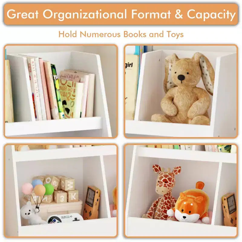 VIYET 28 Meuble de rangement pour enfants, bibliothèque à 5 casiers, organisateur de jouets, étagère de rangement à 2 niveaux en bois blanc avec pieds en pin (organisateur anti-basculement pour chambre d'enfant/salle de jeux)