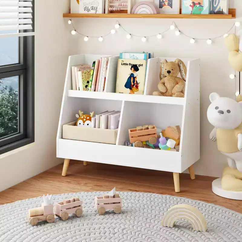 VIYET 28 Meuble de rangement pour enfants, bibliothèque à 5 casiers, organisateur de jouets, étagère de rangement à 2 niveaux en bois blanc avec pieds en pin (organisateur anti-basculement pour chambre d'enfant/salle de jeux)