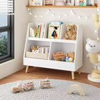 VIYET 28 Meuble de rangement pour enfants, bibliothèque à 5 casiers, organisateur de jouets, étagère de rangement à 2 niveaux en bois blanc avec pieds en pin (organisateur anti-basculement pour chambre d'enfant/salle de jeux)