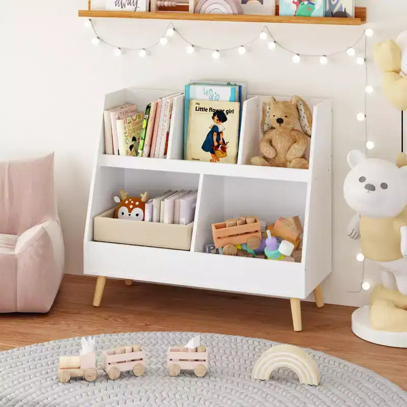 VIYET 28 Meuble de rangement pour enfants, bibliothèque à 5 casiers, organisateur de jouets, étagère de rangement à 2 niveaux en bois blanc avec pieds en pin (organisateur anti-basculement pour chambre d'enfant/salle de jeux)