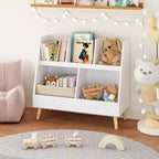VIYET 28 Meuble de rangement pour enfants, bibliothèque à 5 casiers, organisateur de jouets, étagère de rangement à 2 niveaux en bois blanc avec pieds en pin (organisateur anti-basculement pour chambre d'enfant/salle de jeux)