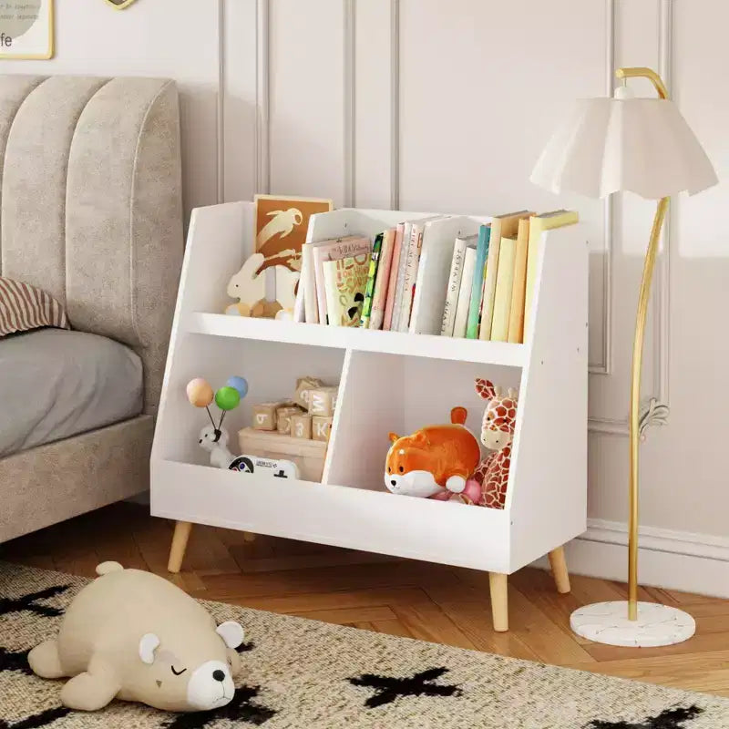 VIYET 28 Meuble de rangement pour enfants, bibliothèque à 5 casiers, organisateur de jouets, étagère de rangement à 2 niveaux en bois blanc avec pieds en pin (organisateur anti-basculement pour chambre d'enfant/salle de jeux)