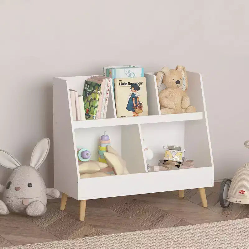VIYET 28 Meuble de rangement pour enfants, bibliothèque à 5 casiers, organisateur de jouets, étagère de rangement à 2 niveaux en bois blanc avec pieds en pin (organisateur anti-basculement pour chambre d'enfant/salle de jeux)