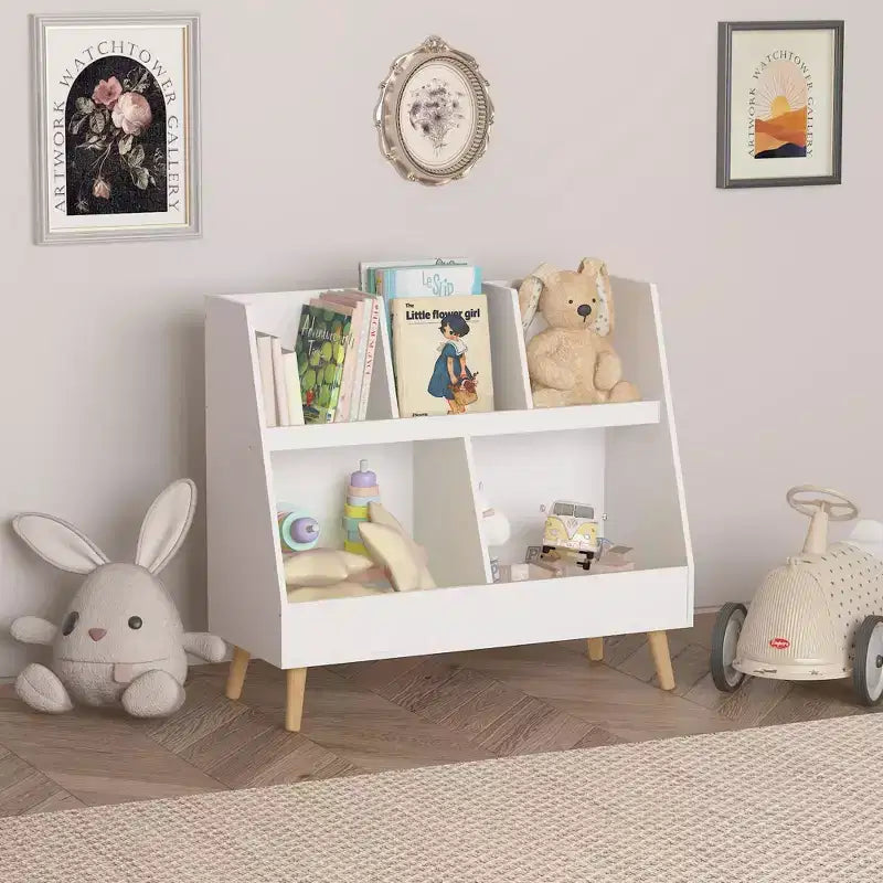 VIYET 28 Meuble de rangement pour enfants, bibliothèque à 5 casiers, organisateur de jouets, étagère de rangement à 2 niveaux en bois blanc avec pieds en pin (organisateur anti-basculement pour chambre d'enfant/salle de jeux)