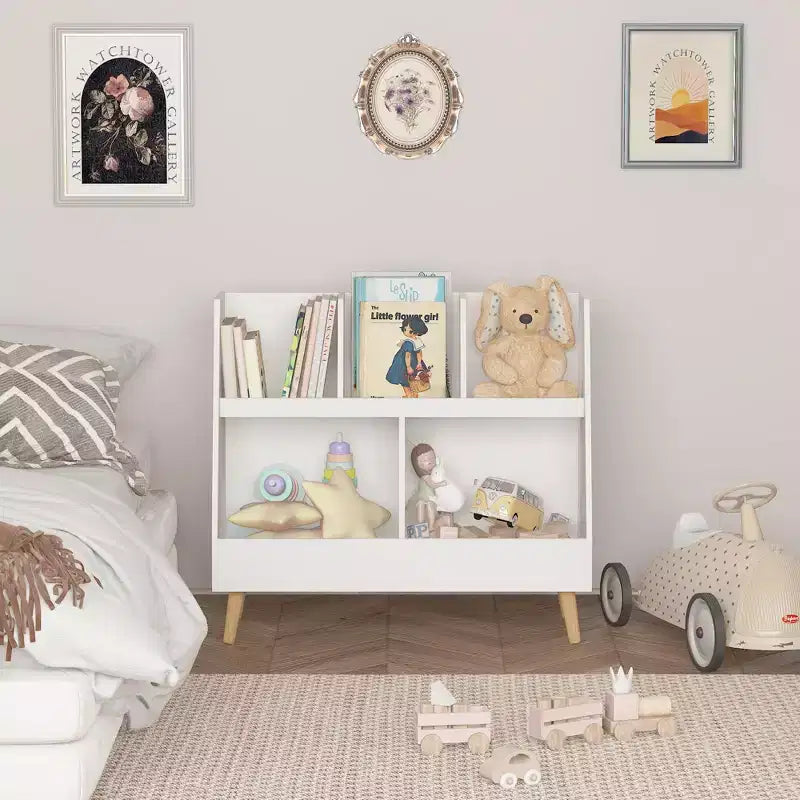 VIYET 28 Meuble de rangement pour enfants, bibliothèque à 5 casiers, organisateur de jouets, étagère de rangement à 2 niveaux en bois blanc avec pieds en pin (organisateur anti-basculement pour chambre d'enfant/salle de jeux)