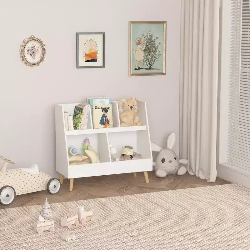 VIYET 28 Meuble de rangement pour enfants, bibliothèque à 5 casiers, organisateur de jouets, étagère de rangement à 2 niveaux en bois blanc avec pieds en pin (organisateur anti-basculement pour chambre d'enfant/salle de jeux)