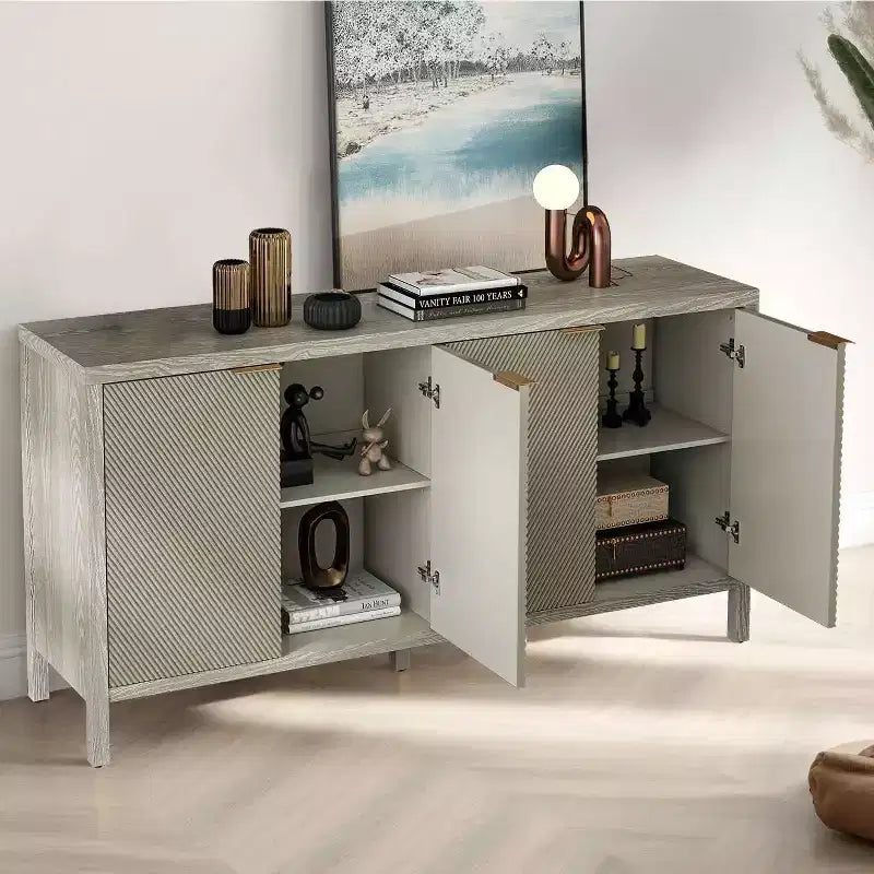 MAYEERTY 59 Armoire de rangement avec Buffet en bois moderne à 4 portes et étagères réglables pour salon, entrée, beige
