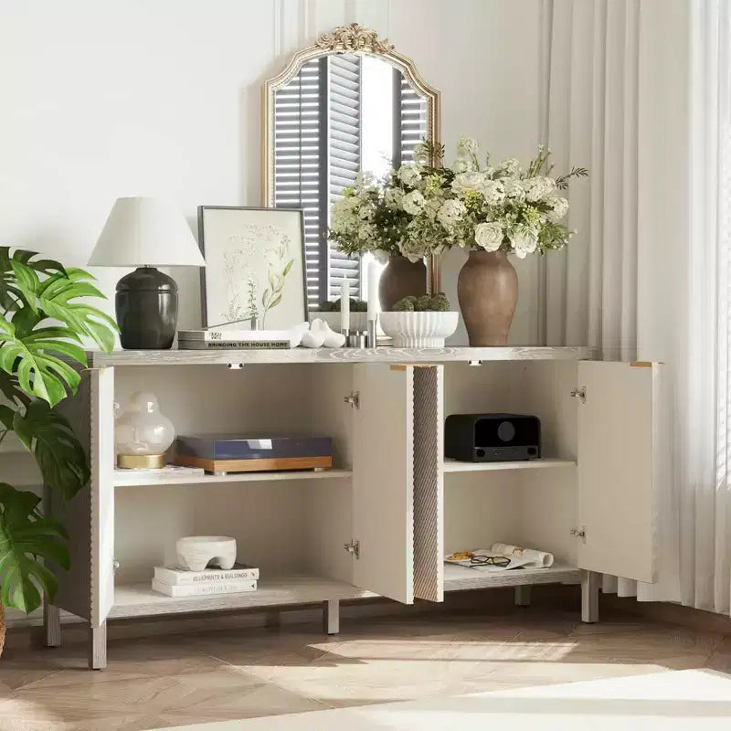 MAYEERTY 59 Armoire de rangement avec Buffet en bois moderne à 4 portes et étagères réglables pour salon, entrée, beige