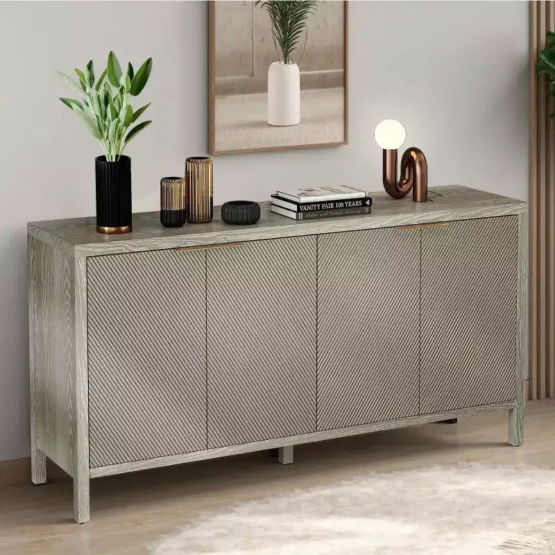 MAYEERTY 59 Armoire de rangement avec Buffet en bois moderne à 4 portes et étagères réglables pour salon, entrée, beige