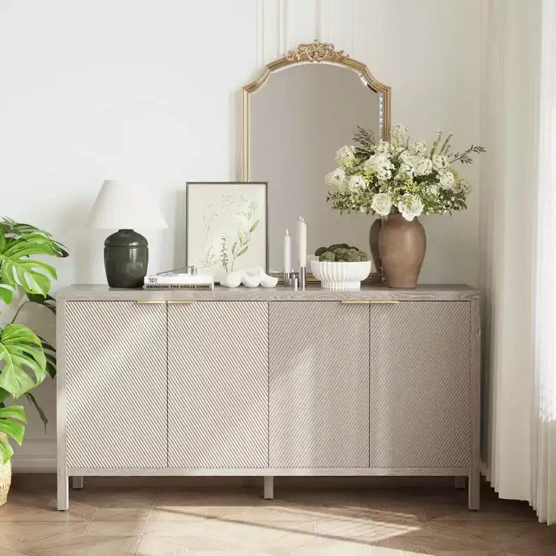 MAYEERTY 59 Armoire de rangement avec Buffet en bois moderne à 4 portes et étagères réglables pour salon, entrée, beige