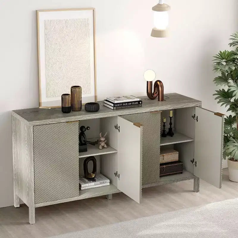 MAYEERTY 59 Armoire de rangement avec Buffet en bois moderne à 4 portes et étagères réglables pour salon, entrée, beige