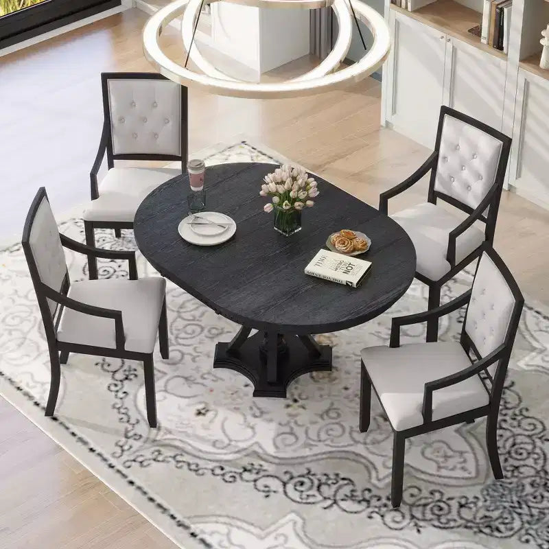 Ensemble de salle à manger rond de style ferme pour 4 personnes, table de cuisine extensible en bois avec 4 chaises rembourrées