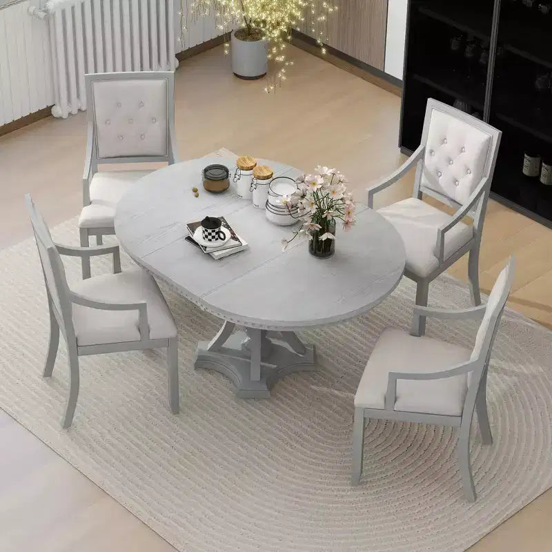 Ensemble de salle à manger rond de style ferme pour 4 personnes, table de cuisine extensible en bois avec 4 chaises rembourrées