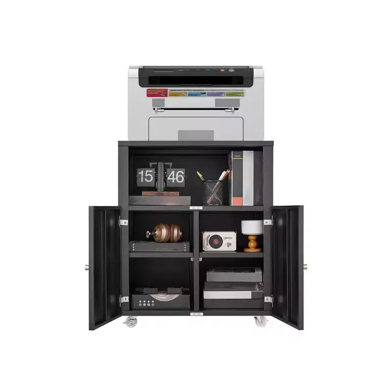 Black Metal Mobile File Cabinet & Printer Stand C 2 Lockable Doors, Adjustable Compartment, 4-Slot Storage for Letter/Legal/A4