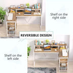 Bureau d'angle en L Lantine avec tiroirs et support d'écran, bureau d'angle en L avec étagères de rangement, table d'ordinateur en bois beige pour petit bureau à domicile