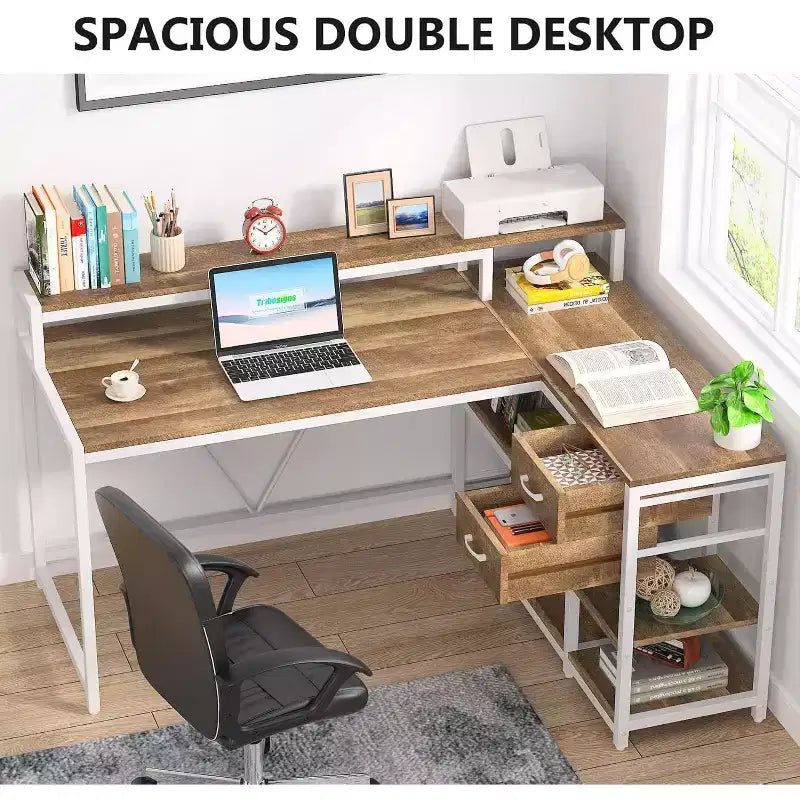 Bureau d'angle en L Lantine avec tiroirs et support d'écran, bureau d'angle en L avec étagères de rangement, table d'ordinateur en bois beige pour petit bureau à domicile