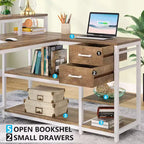 Bureau d'angle en L Lantine avec tiroirs et support d'écran, bureau d'angle en L avec étagères de rangement, table d'ordinateur en bois beige pour petit bureau à domicile