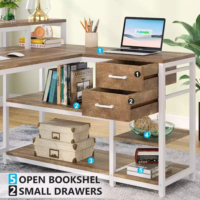 Bureau d'angle en L Lantine avec tiroirs et support d'écran, bureau d'angle en L avec étagères de rangement, table d'ordinateur en bois beige pour petit bureau à domicile