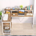 Bureau d'angle en L Lantine avec tiroirs et support d'écran, bureau d'angle en L avec étagères de rangement, table d'ordinateur en bois beige pour petit bureau à domicile