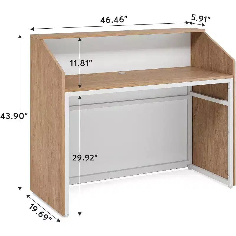 Comptoir de réception Lantine de 47 pouces avec comptoir, bureau d'accueil moderne avec passe-câbles pour caisse, hall d'entrée, salon de beauté, bureau à domicile, finition chêne
