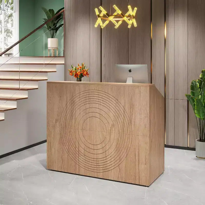 Comptoir de réception Lantine de 47 pouces avec comptoir, bureau d'accueil moderne avec passe-câbles pour caisse, hall d'entrée, salon de beauté, bureau à domicile, finition chêne