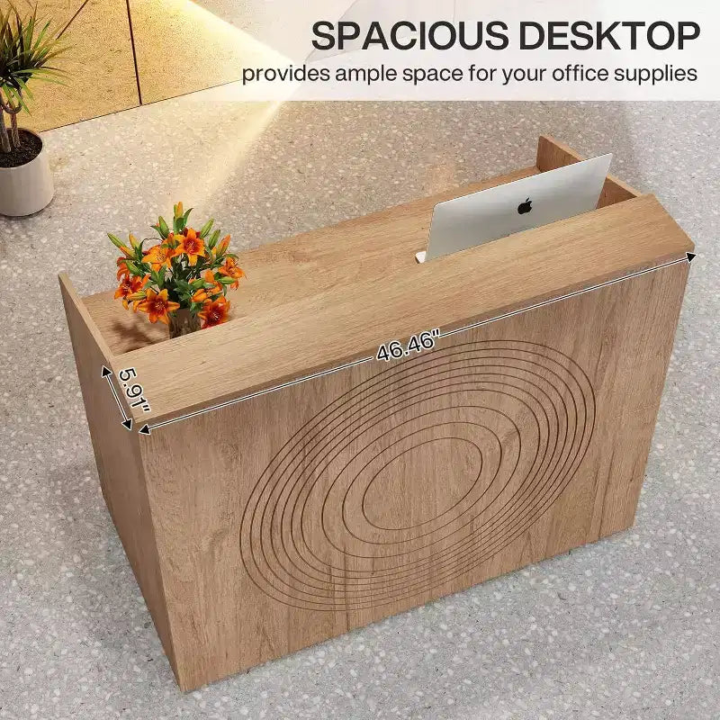 Comptoir de réception Lantine de 47 pouces avec comptoir, bureau d'accueil moderne avec passe-câbles pour caisse, hall d'entrée, salon de beauté, bureau à domicile, finition chêne