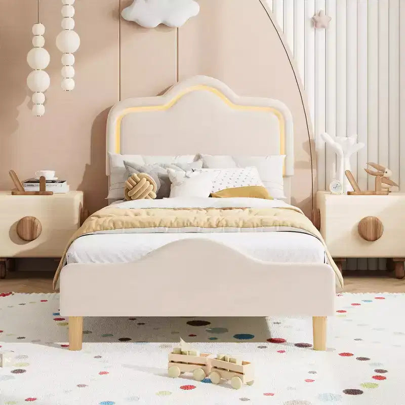 Cadre de lit rembourré à LED Twin XL avec tête de lit et pied de lit réglables, cadre de lit plateforme pour enfants, aucun sommier tapissier requis