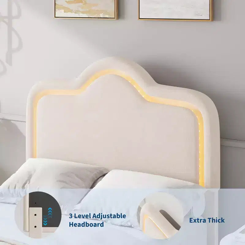 Cadre de lit rembourré à LED Twin XL avec tête de lit et pied de lit réglables, cadre de lit plateforme pour enfants, aucun sommier tapissier requis