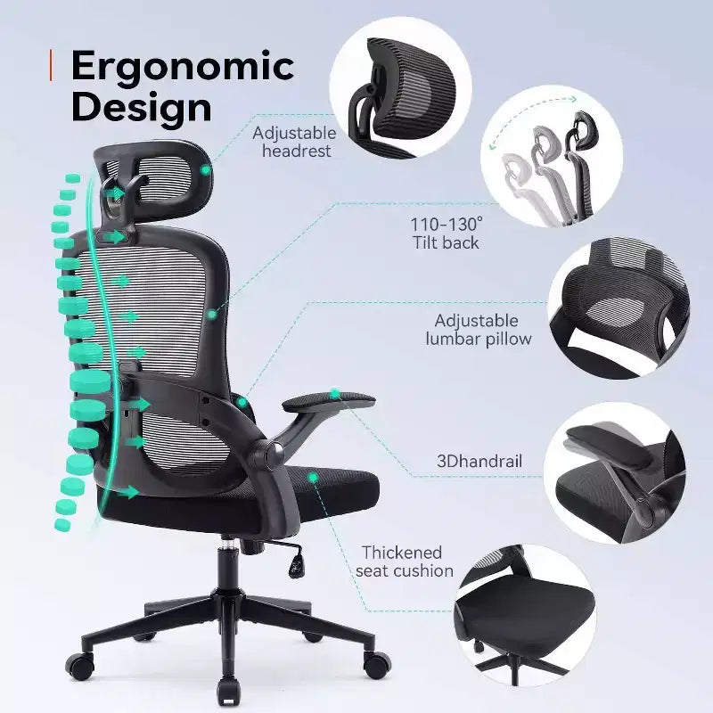 BALHAM TRADE-Chaise de bureau ergonomique Soutien lombaire réglable Inclinaison 110-130 Accoudoirs 3D avec appuie-tête