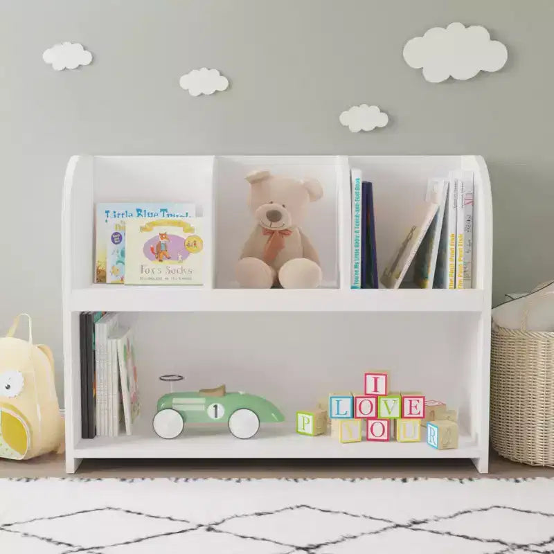 VIYET 24 Bibliothèque enfant à 4 compartiments, étagère de rangement et de présentation en MDF blanc (Organisateur de jouets anti-basculement pour salle de jeux/crèche)