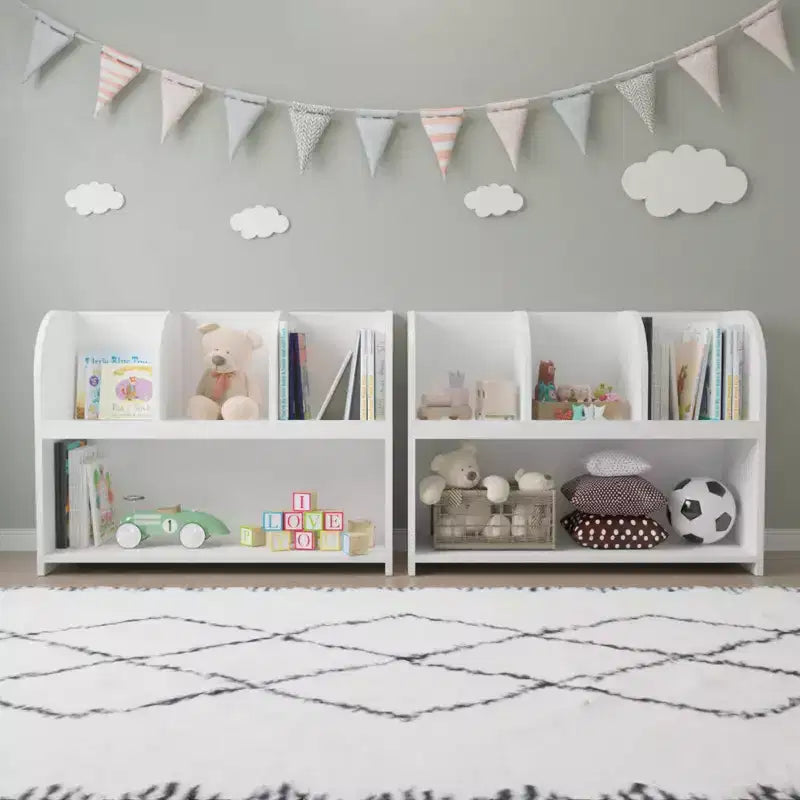 VIYET 24 Bibliothèque enfant à 4 compartiments, étagère de rangement et de présentation en MDF blanc (Organisateur de jouets anti-basculement pour salle de jeux/crèche)