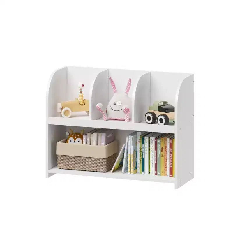 VIYET 24 Bibliothèque enfant à 4 compartiments, étagère de rangement et de présentation en MDF blanc (Organisateur de jouets anti-basculement pour salle de jeux/crèche)