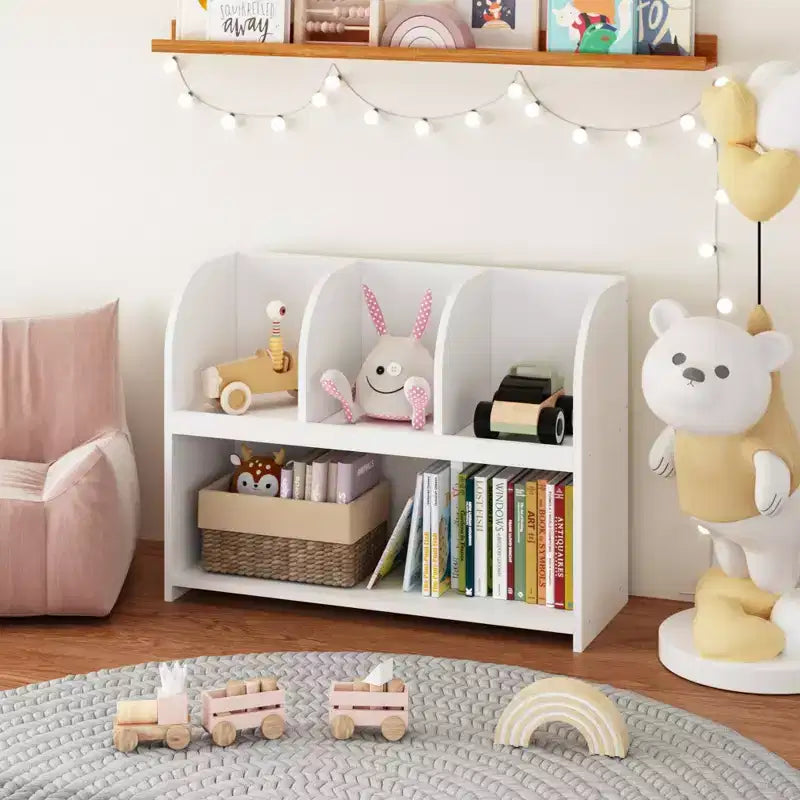 VIYET 24 Bibliothèque enfant à 4 compartiments, étagère de rangement et de présentation en MDF blanc (Organisateur de jouets anti-basculement pour salle de jeux/crèche)